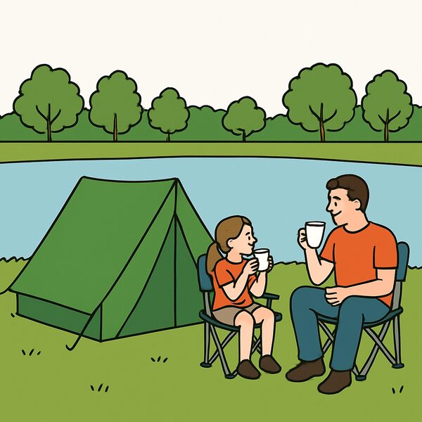 A camping holiday: a tent next to a lake, with a man and a girl sitting outside it.