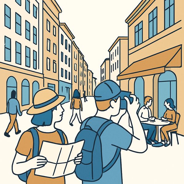 A city holiday: two tourists taking a photo in a busy street with tall old buildings.