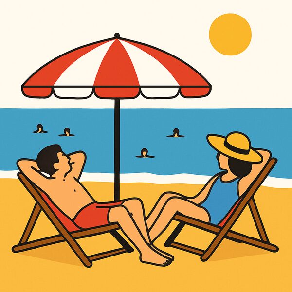 A beach holiday: people lying on sun loungers under umbrellas on a sandy beach.