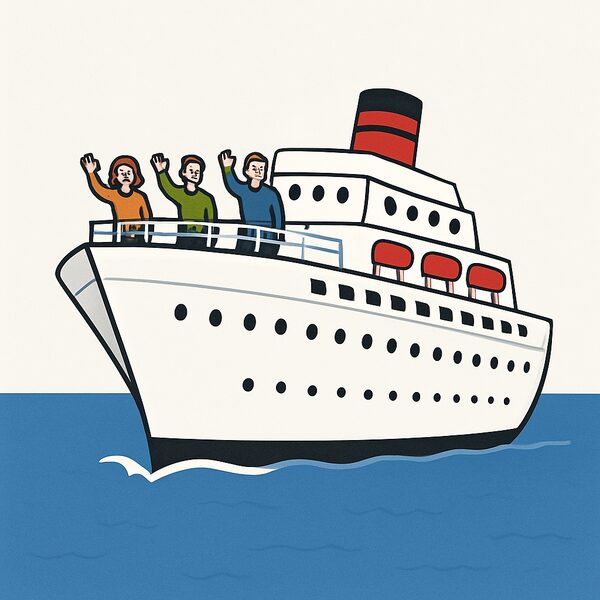 A holiday on a ship: a large white passenger ship at sea with people on the deck.