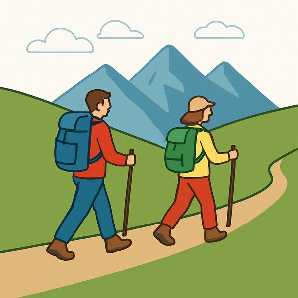 A walking holiday: two people with backpacks walking on a path in the mountains.