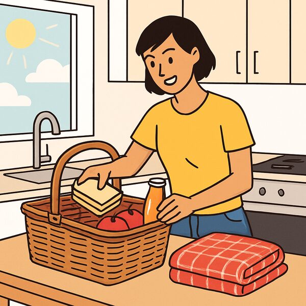 A woman in a sunny kitchen puts sandwiches, fruit and a bottle of juice into a picnic basket.