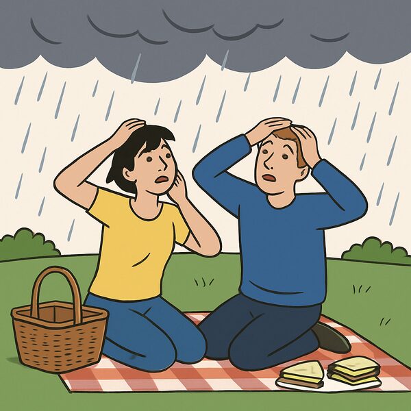 The woman and a man are sitting on a blanket in a park when it starts to rain heavily.
