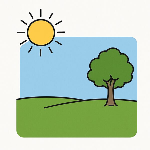 A bright sun in a clear blue sky over a field