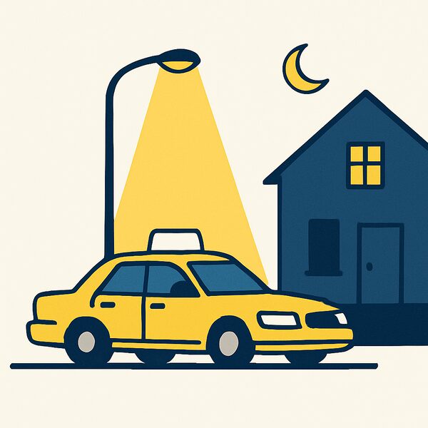 A taxi waiting outside a house at night
