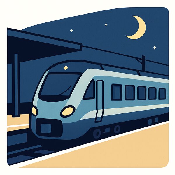 A train at a station platform at night