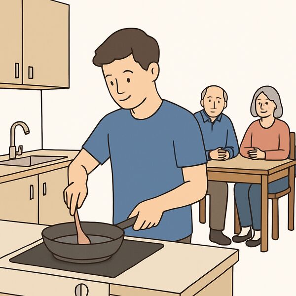 A young man cooking for an older couple