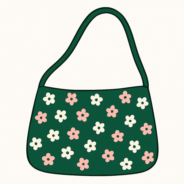 A large bag with a flower pattern and a long strap