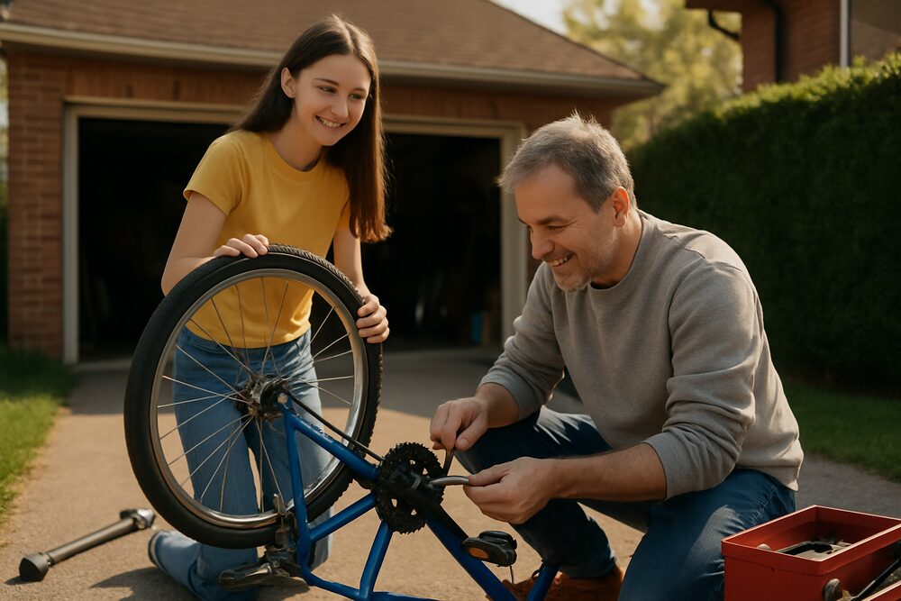 A man and a teenage girl repair an upside-down blue bicycle on a driveway outside a house on a sunny afternoon.