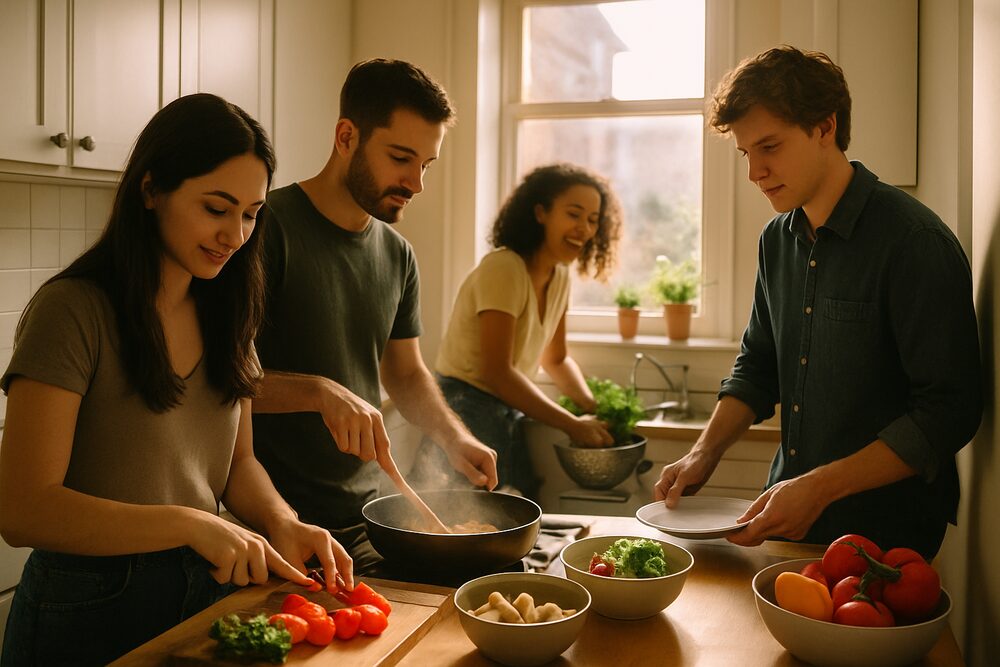 Four young adults cook a meal together in a small, bright kitchen in the evening.