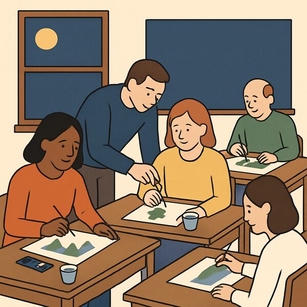 Adults at an evening painting class
