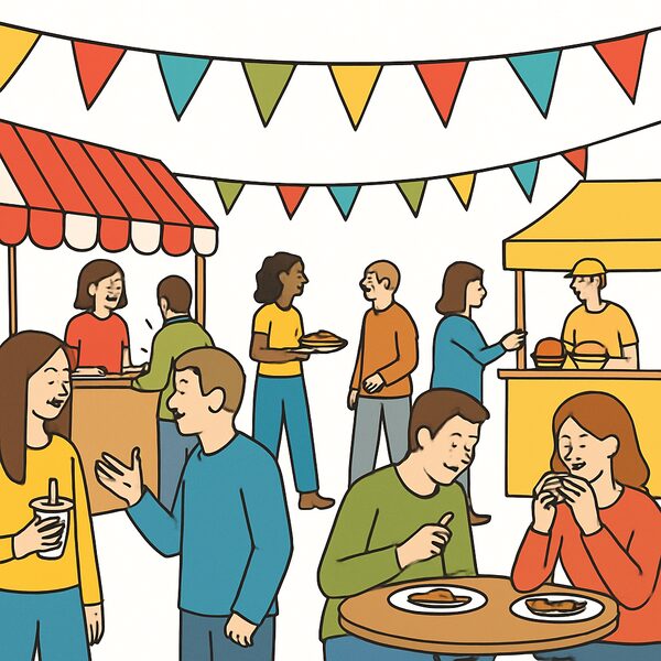A street festival with food stalls