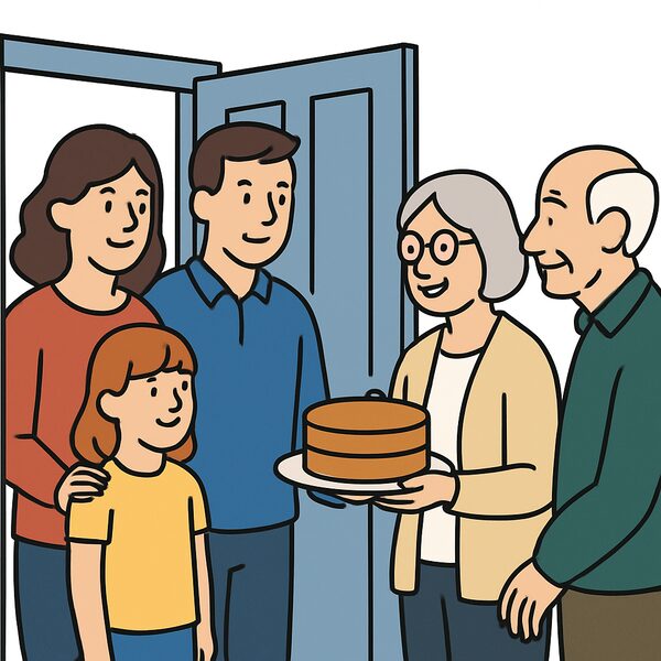 A family welcoming neighbours to their home