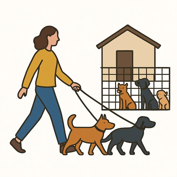 A woman walking dogs at an animal shelter