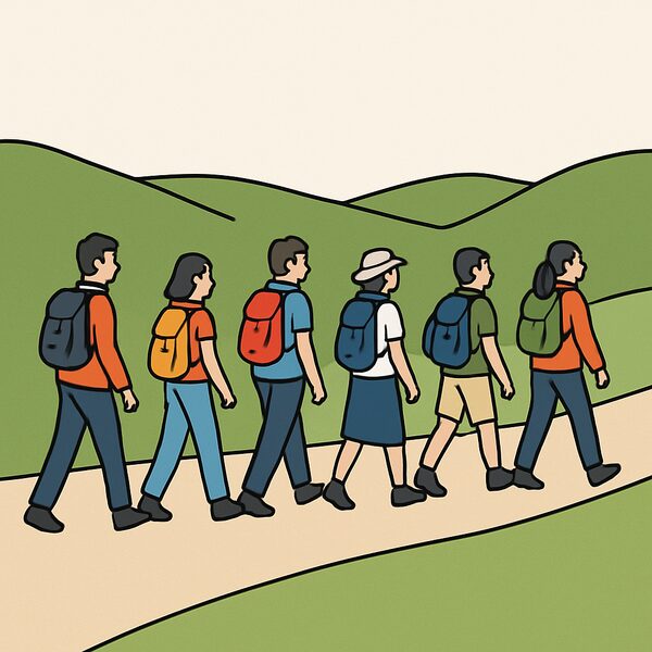 A walking group on a country path