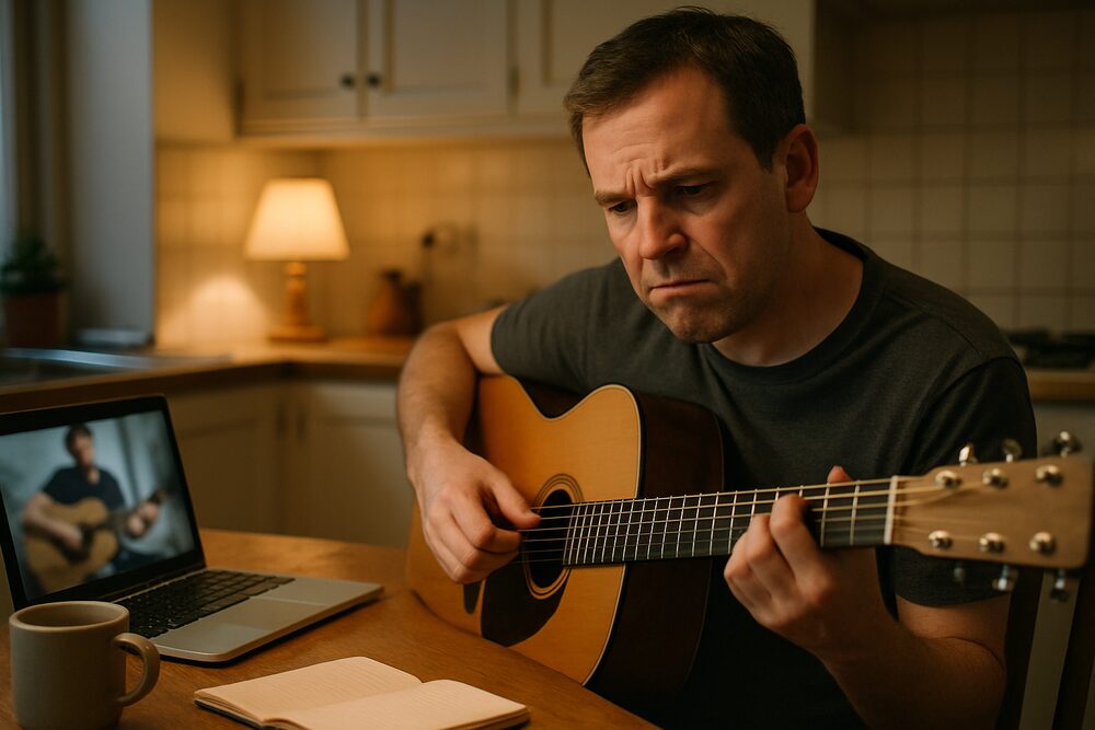 A man in his forties sitting at a kitchen table at home in the evening, holding an acoustic guitar and looking at a video lesson on an open laptop, with a slightly frustrated expression.
