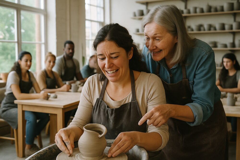 Adults at a pottery class in a bright community workshop; a woman at a potter’s wheel watches her clay pot lose its shape while an instructor leans over to help, and other learners work at tables behind her.
