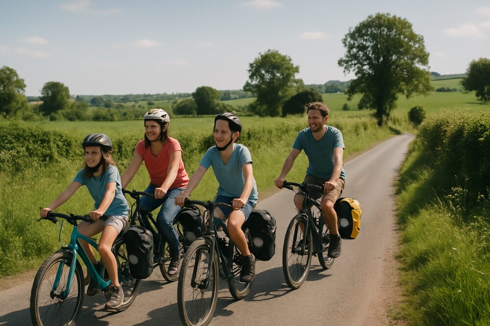 A family of four cycling along a quiet country lane in summer, with bags attached to their bikes and green fields on both sides.