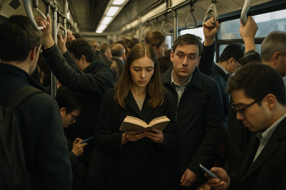 Commuters crowded inside an underground train during the morning rush hour; most are standing and holding rails, one reads a book and others look tired.