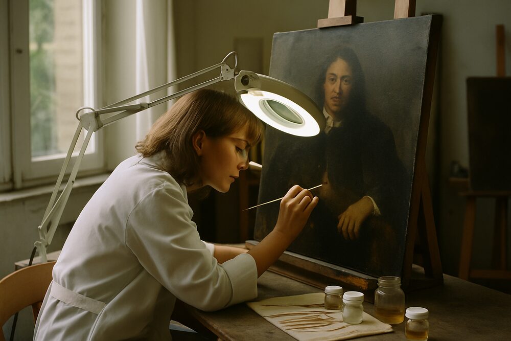 A woman in a conservation studio restoring an old oil portrait with a fine brush under a magnifying lamp.