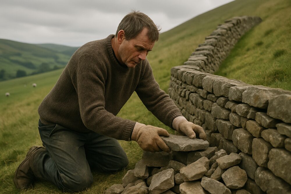 A man building a dry-stone wall by hand on a green hillside.
