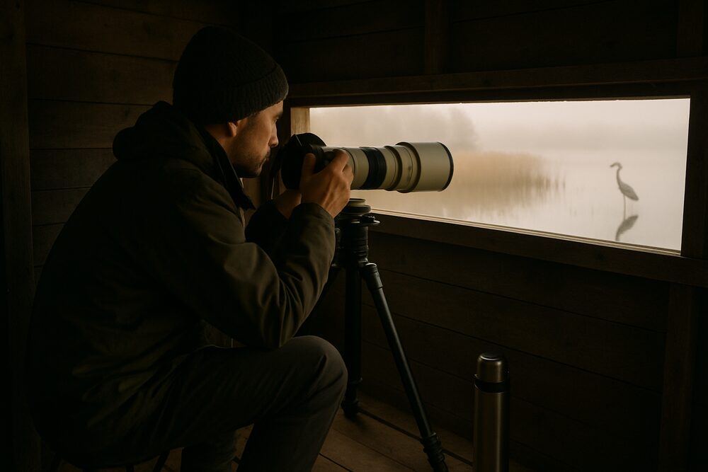 A wildlife photographer waiting inside a wooden hide beside a lake at dawn, with a long lens pointing out of a narrow opening.