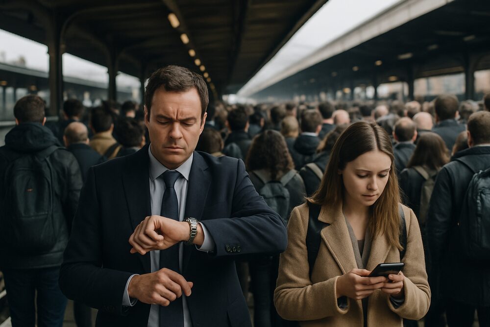 Commuters crowded together on a railway platform at rush hour; a man in a suit checks his watch.