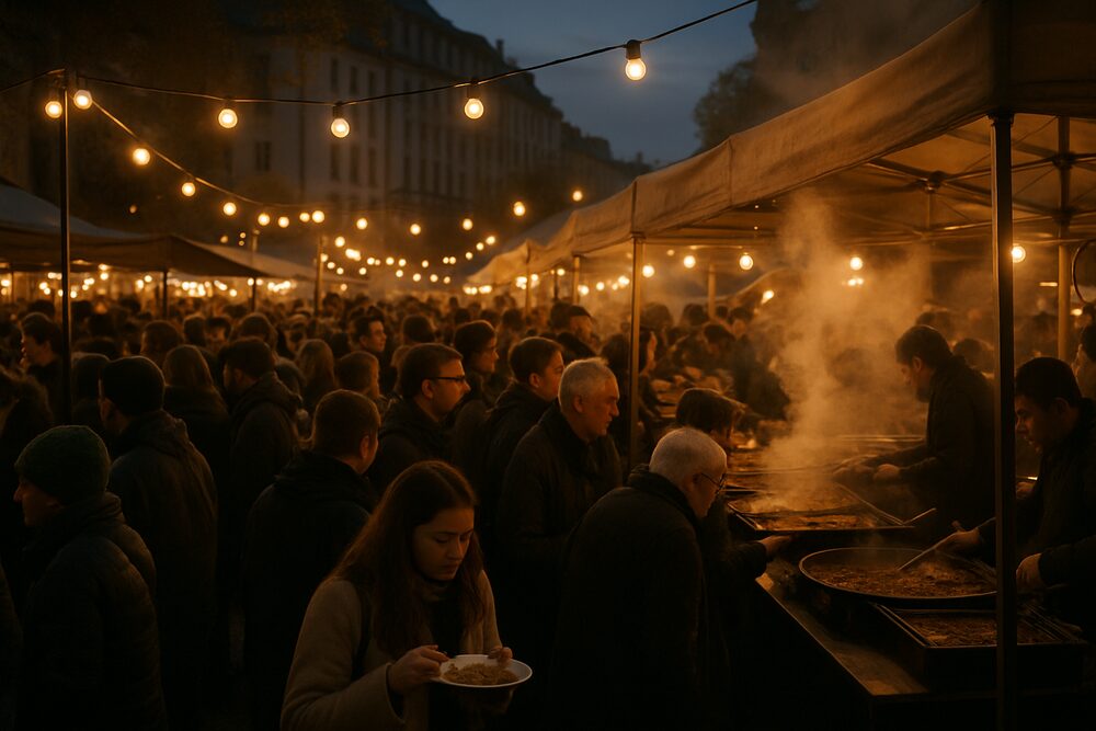 A busy open-air night market with food stalls, strings of lights and crowds of people.