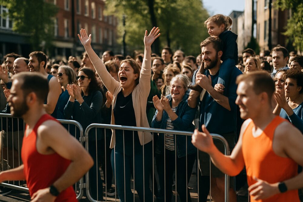 Spectators behind barriers clapping and cheering as runners pass during a city marathon.