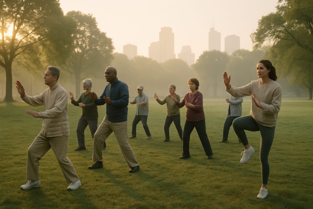 A group of about ten people of mixed ages doing tai chi together on the grass of a city park in soft early-morning light.