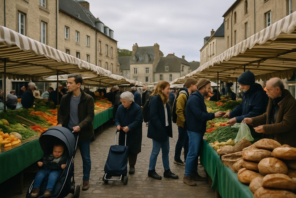 A busy weekly street market in a pedestrianised town square, with shoppers browsing fruit and vegetable stalls.