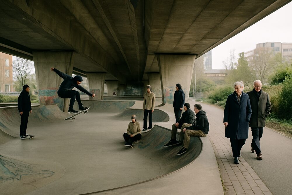 Teenagers skateboarding in a concrete skate park beneath a road flyover while an older couple walk past on a nearby path, keeping their distance.