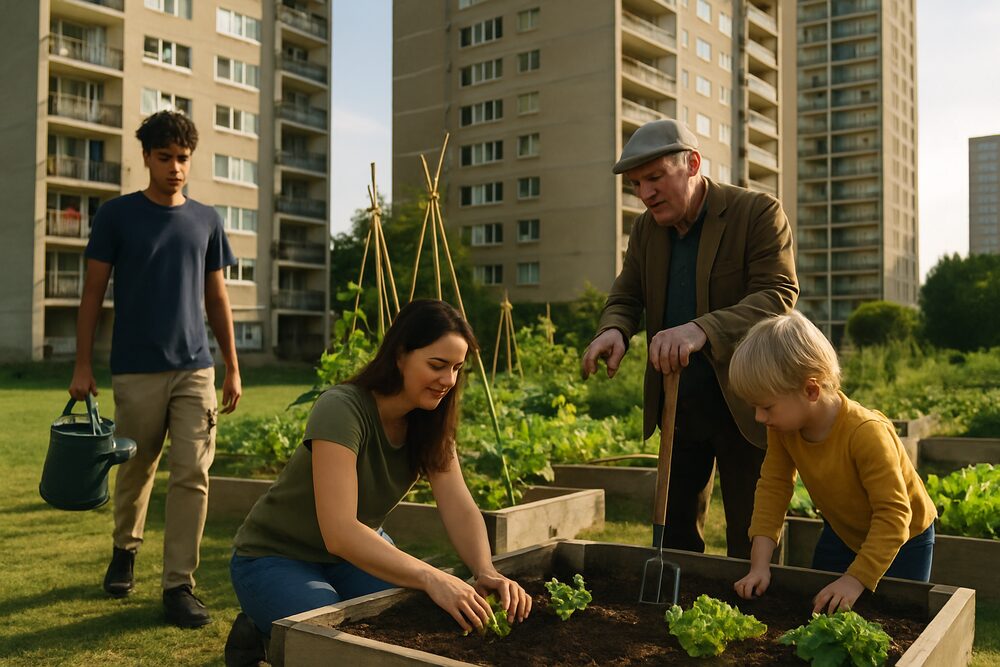 Neighbours of different ages working together in a community vegetable garden between tall blocks of flats, with an older man watching over them.