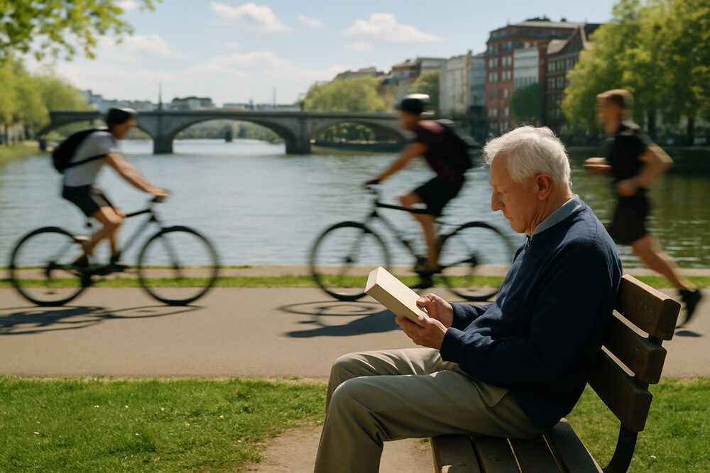 An elderly man reading a book on a bench beside a riverside path while cyclists and a jogger pass by, separated from him by a narrow strip of grass.